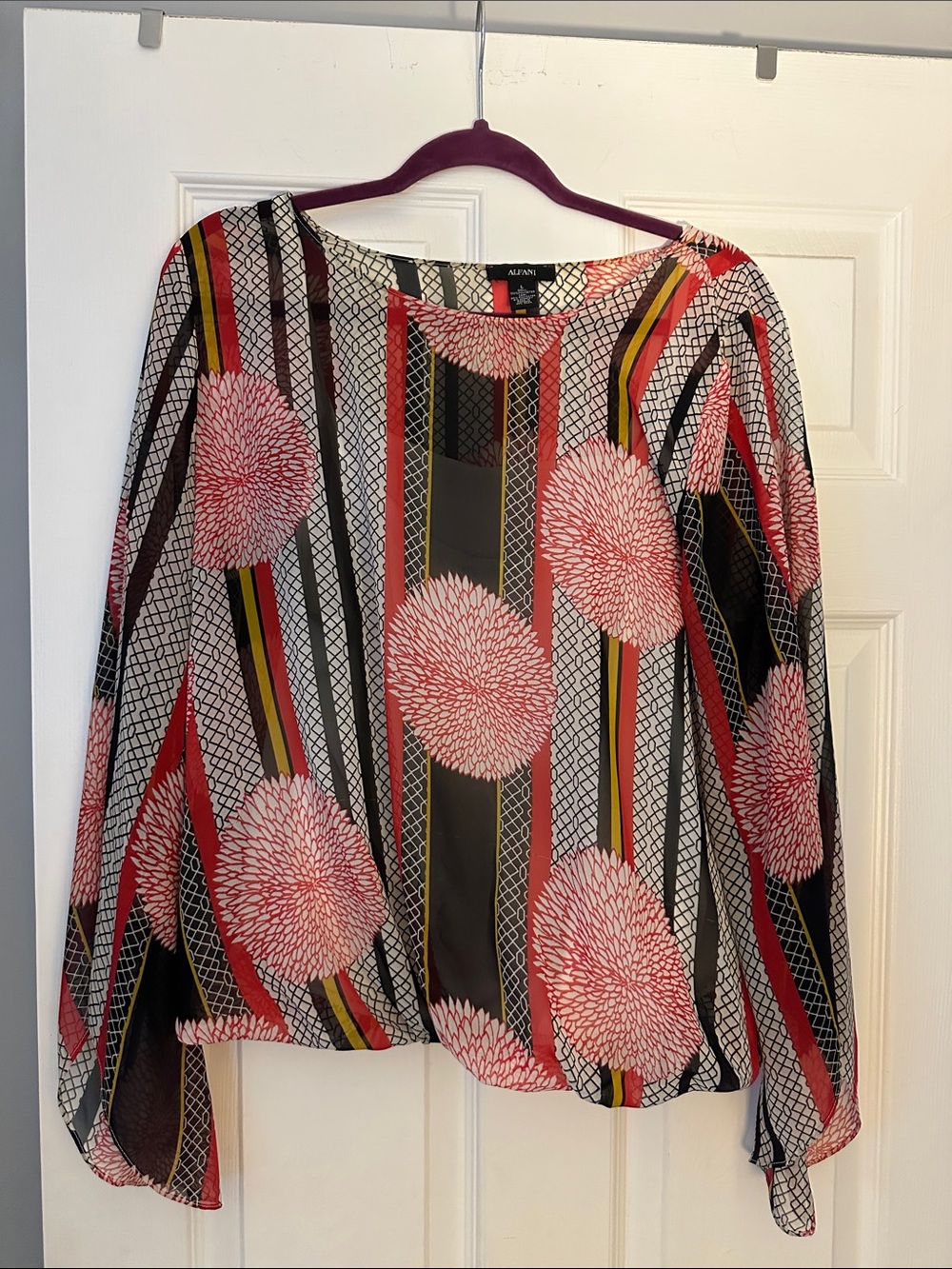 Worn 1x Alfani Black, Pink & White Floral-Striped Long Sleeve Blouse